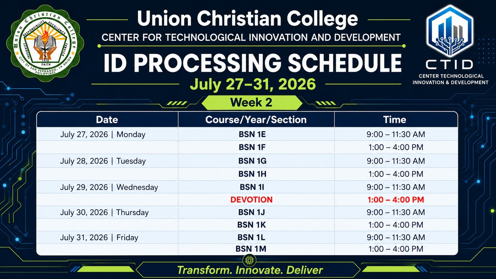 Student ID Picture-Taking Schedule