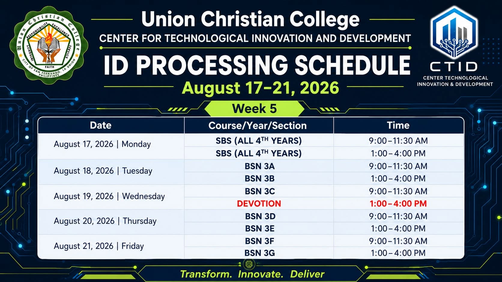 Student ID Picture-Taking Schedule (Week 5)