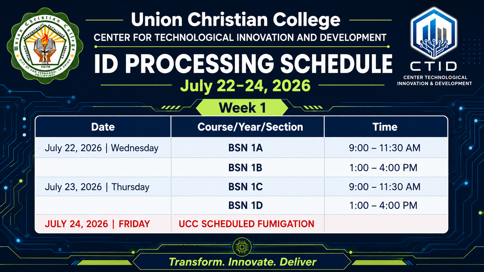 Student ID Picture-Taking Schedule (Week 1)