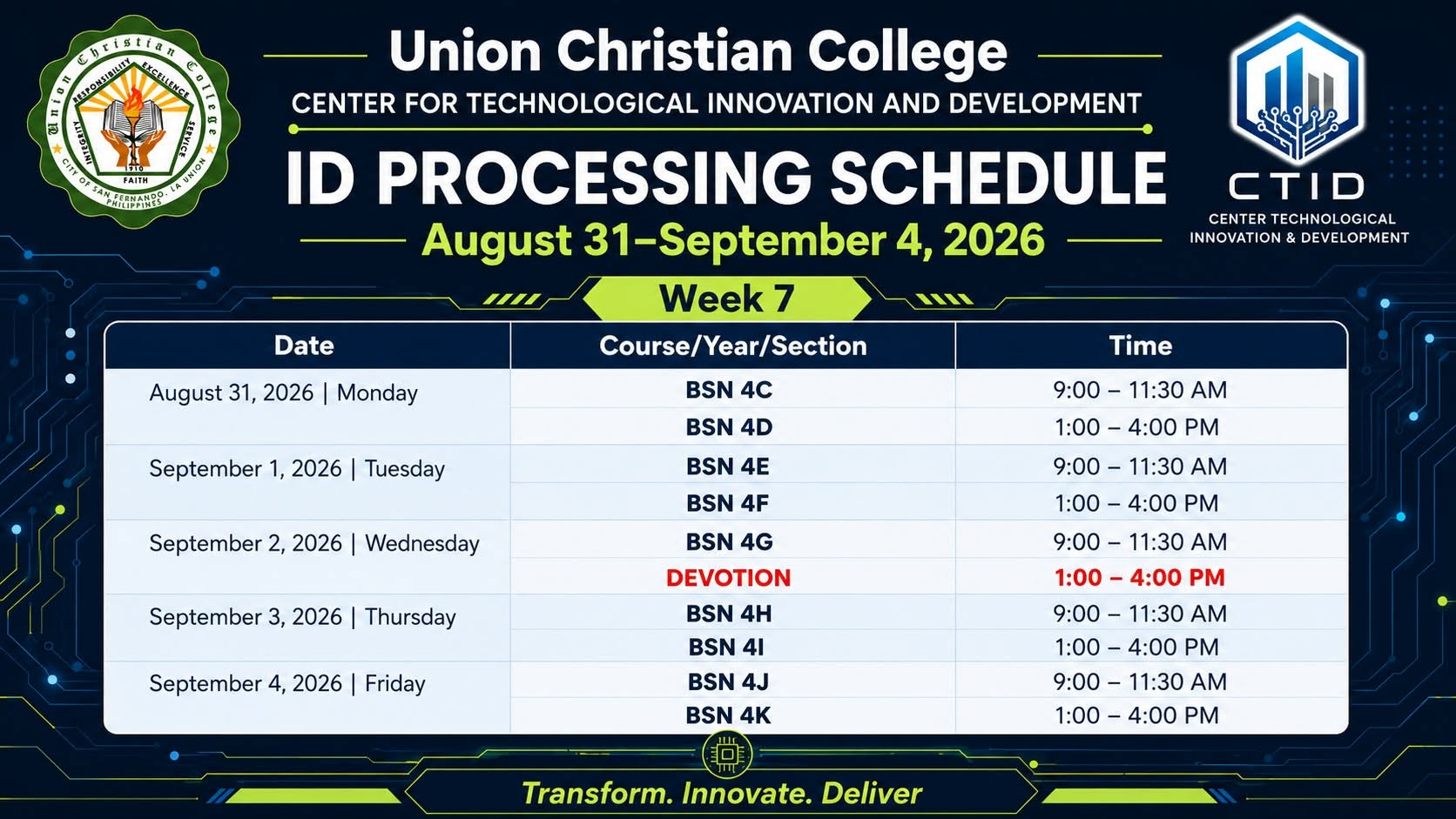 Student ID Picture-Taking Schedule (Week 7)